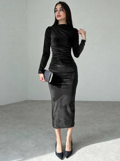 Women's New Fashion Solid Color Slim Fit Pleated Round Neck Long Sleeve Dress - Hiccupzz