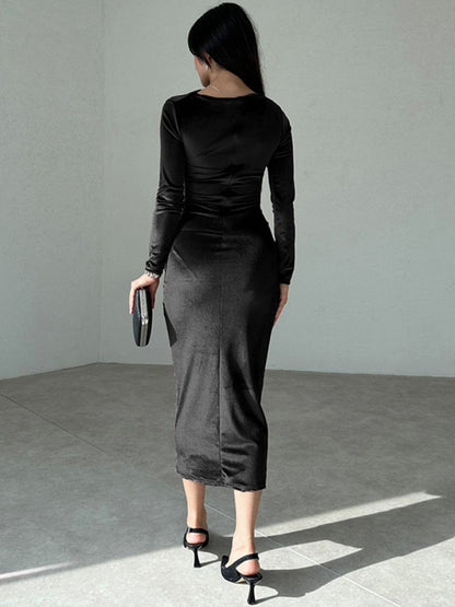 Women's New Fashion Solid Color Slim Fit Pleated Round Neck Long Sleeve Dress - Hiccupzz