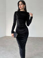Women's New Fashion Solid Color Slim Fit Pleated Round Neck Long Sleeve Dress - Hiccupzz