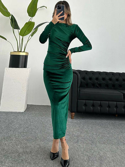 Women's New Fashion Solid Color Slim Fit Pleated Round Neck Long Sleeve Dress - Hiccupzz