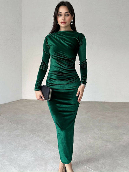 Women's New Fashion Solid Color Slim Fit Pleated Round Neck Long Sleeve Dress - Hiccupzz