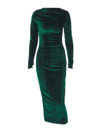 Women's New Fashion Solid Color Slim Fit Pleated Round Neck Long Sleeve Dress - Hiccupzz