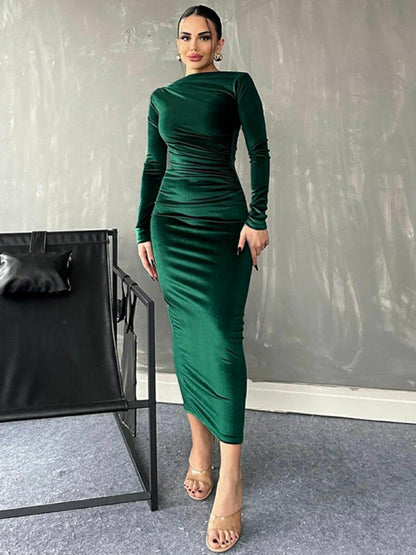 Women's New Fashion Solid Color Slim Fit Pleated Round Neck Long Sleeve Dress - Hiccupzz