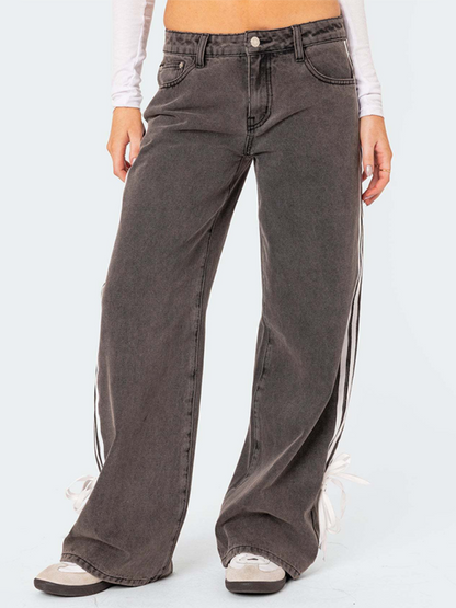 Fashion loose side drawstring wide-leg women's jeans