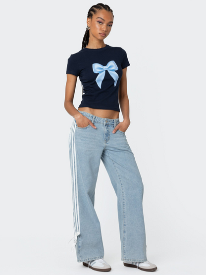 Fashion loose side drawstring wide-leg women's jeans