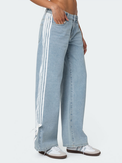 Fashion loose side drawstring wide-leg women's jeans