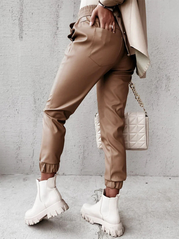 Women's Fashion Mid Waist Casual Leather Pants