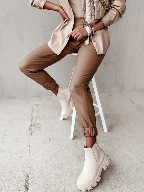 Women's Fashion Mid Waist Casual Leather Pants