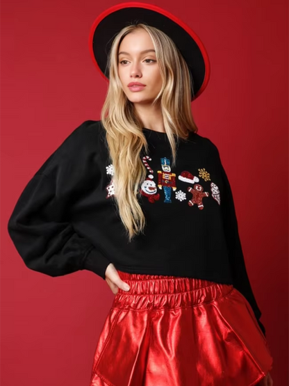 Christmas Sequin Decoration Top Casual Long Sleeve Short Sweatshirt - Hiccupzz