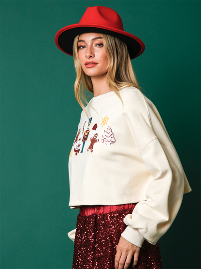 Christmas Sequin Decoration Top Casual Long Sleeve Short Sweatshirt - Hiccupzz