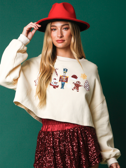 Christmas Sequin Decoration Top Casual Long Sleeve Short Sweatshirt - Hiccupzz