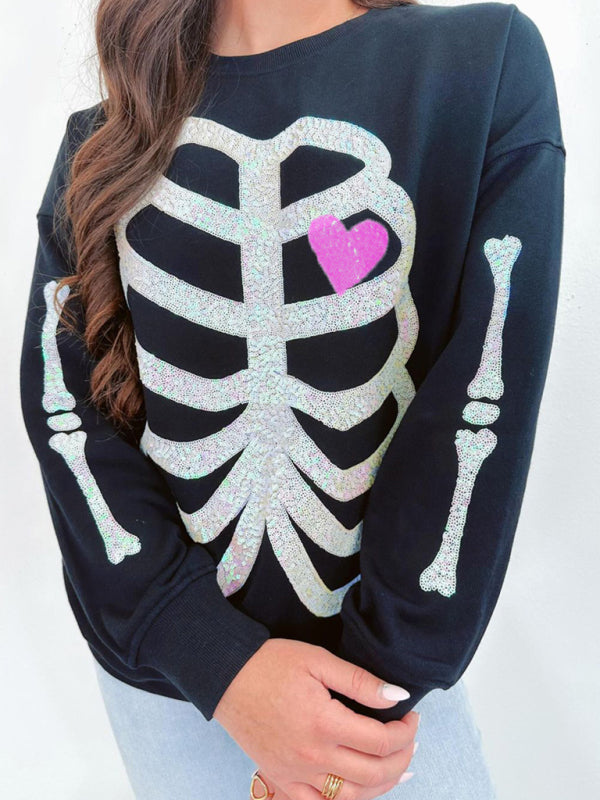 Halloween Skeleton Man Sequin Top Long Sleeve Pullover Sweatshirt