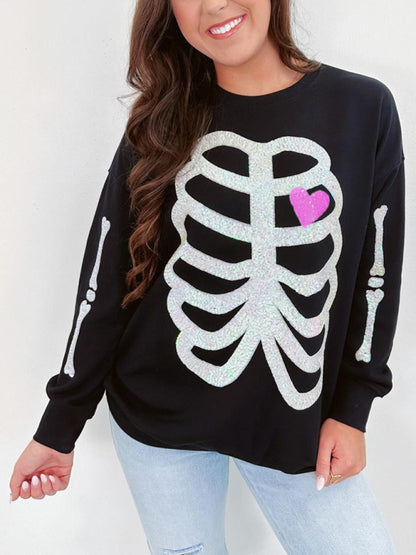 Halloween Skeleton Man Sequin Top Long Sleeve Pullover Sweatshirt - Hiccupzz