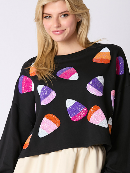Halloween Candy Sequins Long Sleeve Casual Pullover Sweatshirt - Hiccupzz