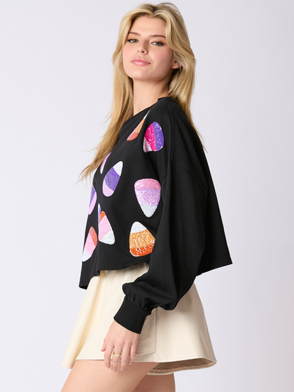 Halloween Candy Sequins Long Sleeve Casual Pullover Sweatshirt - Hiccupzz
