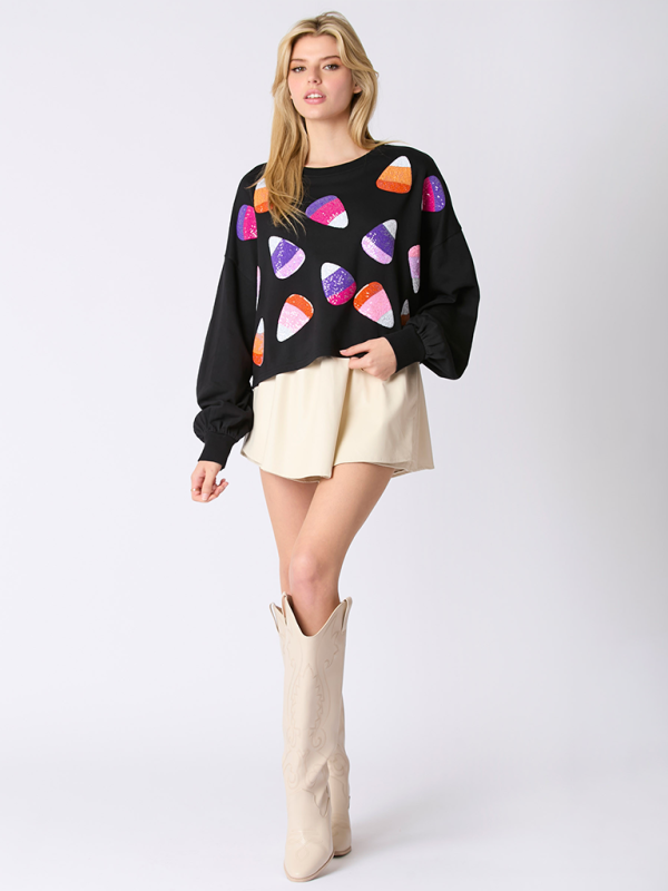 Halloween Candy Sequins Long Sleeve Casual Pullover Sweatshirt