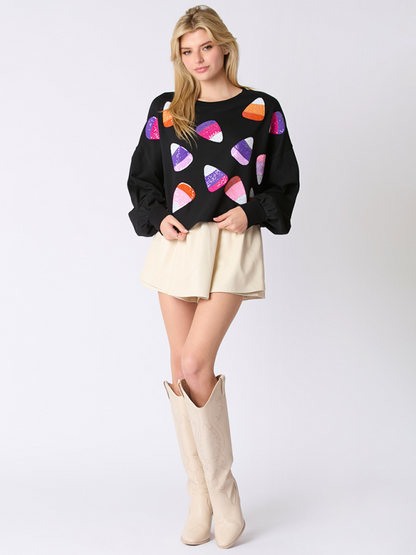 Halloween Candy Sequins Long Sleeve Casual Pullover Sweatshirt - Hiccupzz