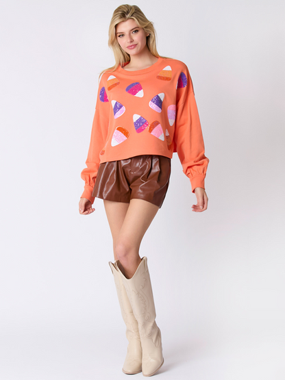 Halloween Candy Sequins Long Sleeve Casual Pullover Sweatshirt - Hiccupzz