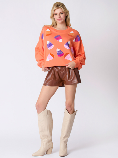 Halloween Candy Sequins Long Sleeve Casual Pullover Sweatshirt - Hiccupzz