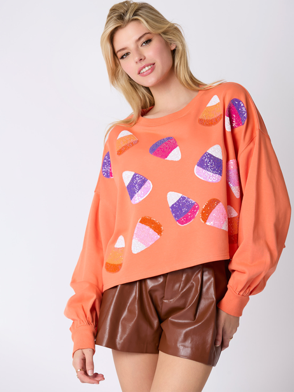 Halloween Candy Sequins Long Sleeve Casual Pullover Sweatshirt