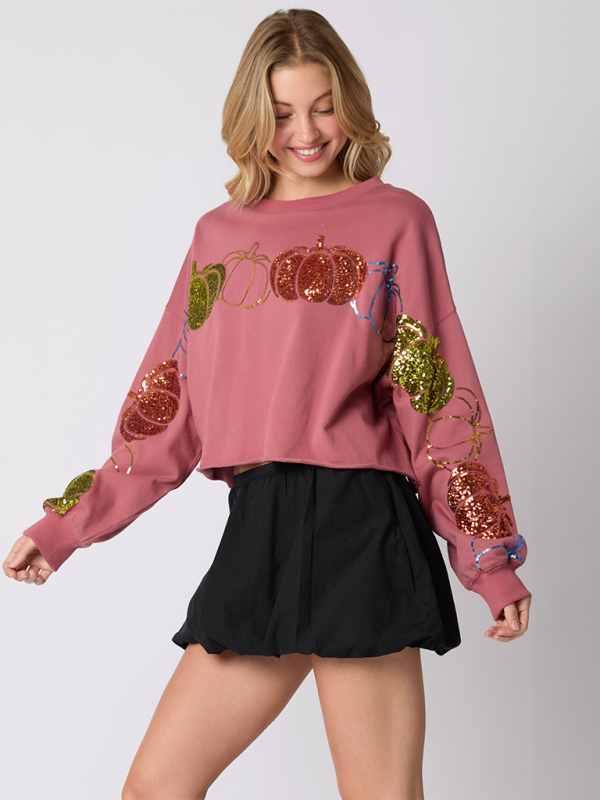 Halloween Pumpkin Sequin Top Long Sleeve Pullover Sweatshirt