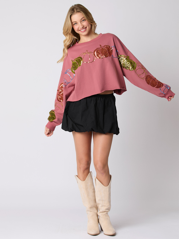 Halloween Pumpkin Sequin Top Long Sleeve Pullover Sweatshirt