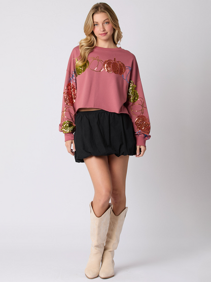 Halloween Pumpkin Sequin Top Long Sleeve Pullover Sweatshirt - Hiccupzz