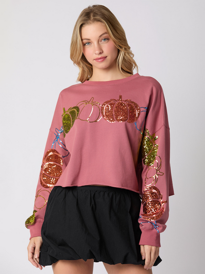 Halloween Pumpkin Sequin Top Long Sleeve Pullover Sweatshirt - Hiccupzz