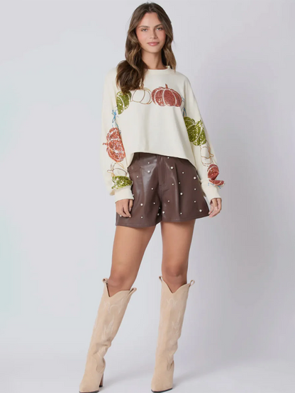 Halloween Pumpkin Sequin Top Long Sleeve Pullover Sweatshirt - Hiccupzz