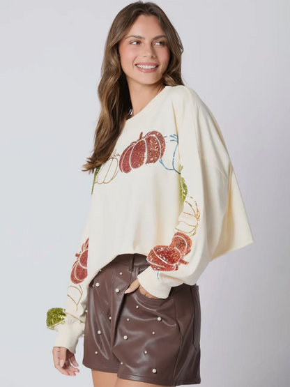 Halloween Pumpkin Sequin Top Long Sleeve Pullover Sweatshirt - Hiccupzz