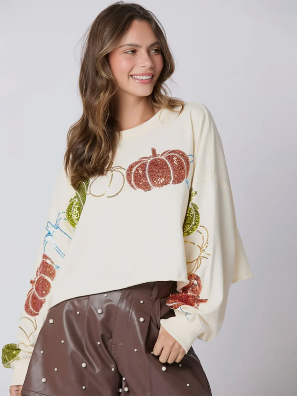 Halloween Pumpkin Sequin Top Long Sleeve Pullover Sweatshirt