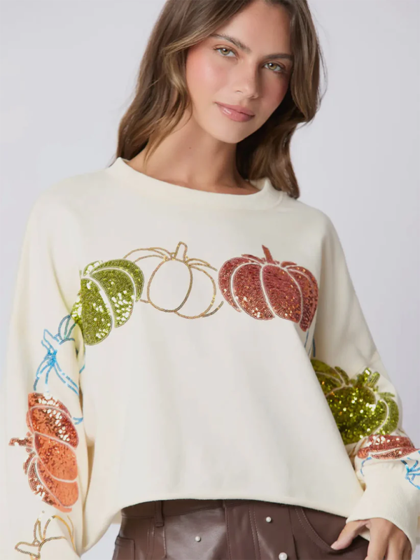 Halloween Pumpkin Sequin Top Long Sleeve Pullover Sweatshirt