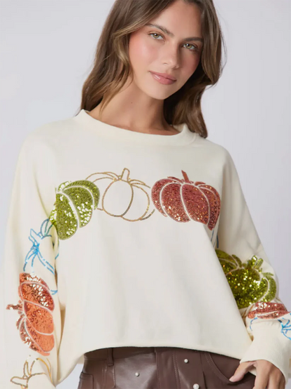 Halloween Pumpkin Sequin Top Long Sleeve Pullover Sweatshirt - Hiccupzz