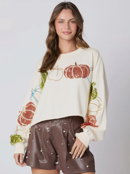 Halloween Pumpkin Sequin Top Long Sleeve Pullover Sweatshirt - Hiccupzz