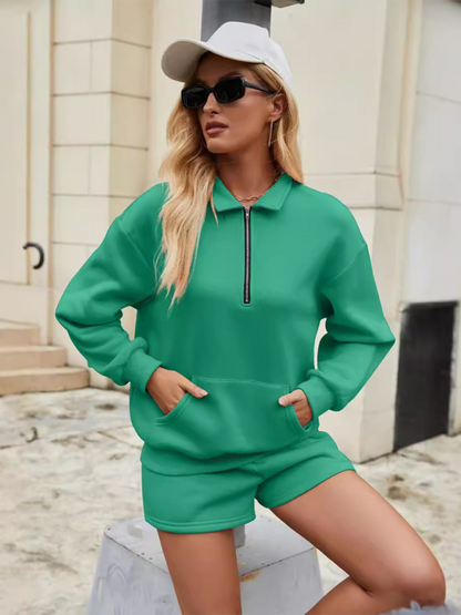 New three-quarter pants solid color insert pocket sweater two-piece set - Hiccupzz