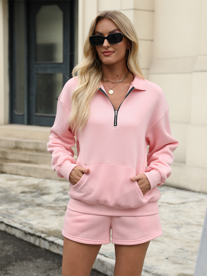 New three-quarter pants solid color insert pocket sweater two-piece set - Hiccupzz