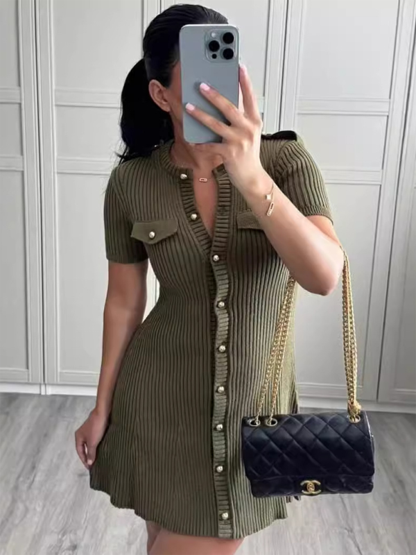 Dark Green Knit Short Sleeve Dress