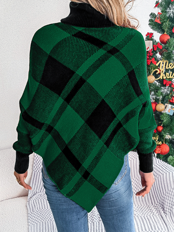 Christmas Casual Contrast Plaid Turtleneck Long Sleeve Poncho Sweater