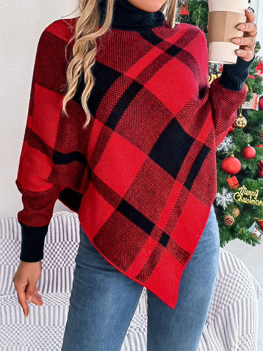 Christmas Casual Contrast Plaid Turtleneck Long Sleeve Poncho Sweater