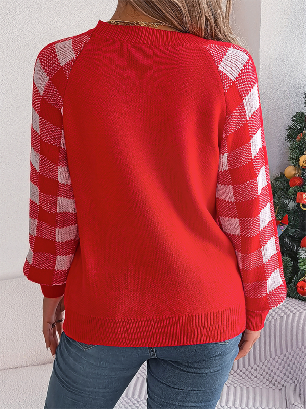 Casual Plaid Deer Long Sleeve Pullover Sweater Christmas