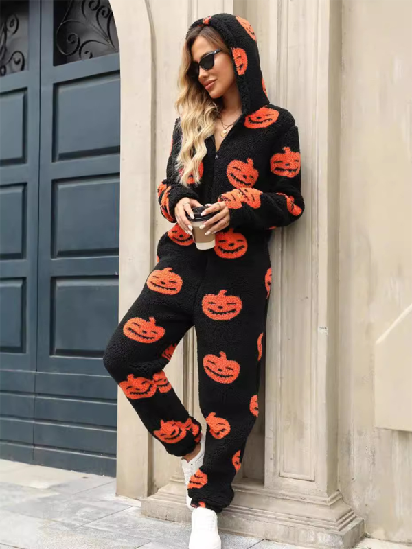 New Halloween Pumpkin Print Zipper Loose Plush Jumpsuit