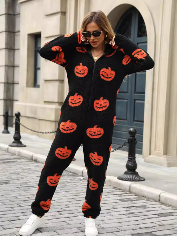 New Halloween Pumpkin Print Zipper Loose Plush Jumpsuit