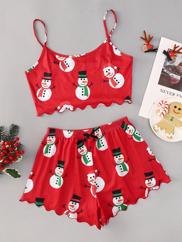 Christmas print sleeveless shorts, simple and casual two-piece home wear