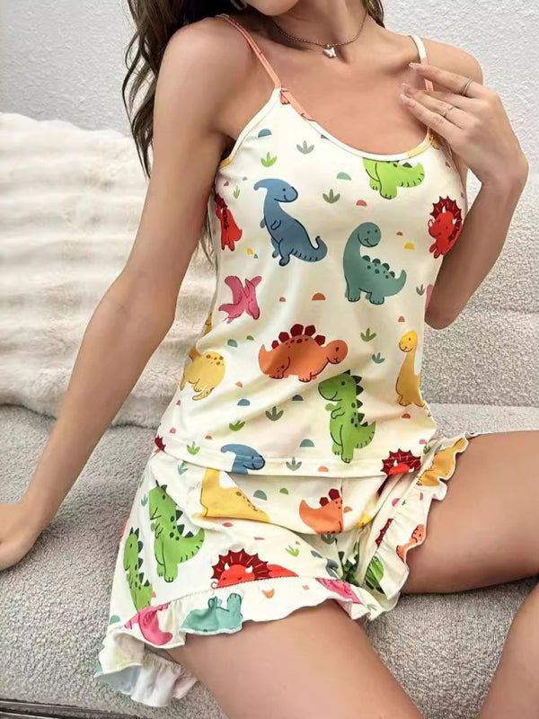 Multicolor Cartoon Dinosaur Print Camisole Top Ruffle Shorts Homewear Pajama Set