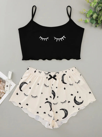 Eyelash Print Camisole Top Star Moon Shorts Loungewear Set - Hiccupzz