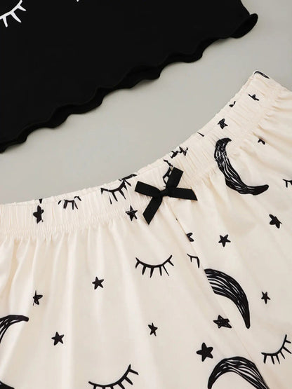 Eyelash Print Camisole Top Star Moon Shorts Loungewear Set - Hiccupzz