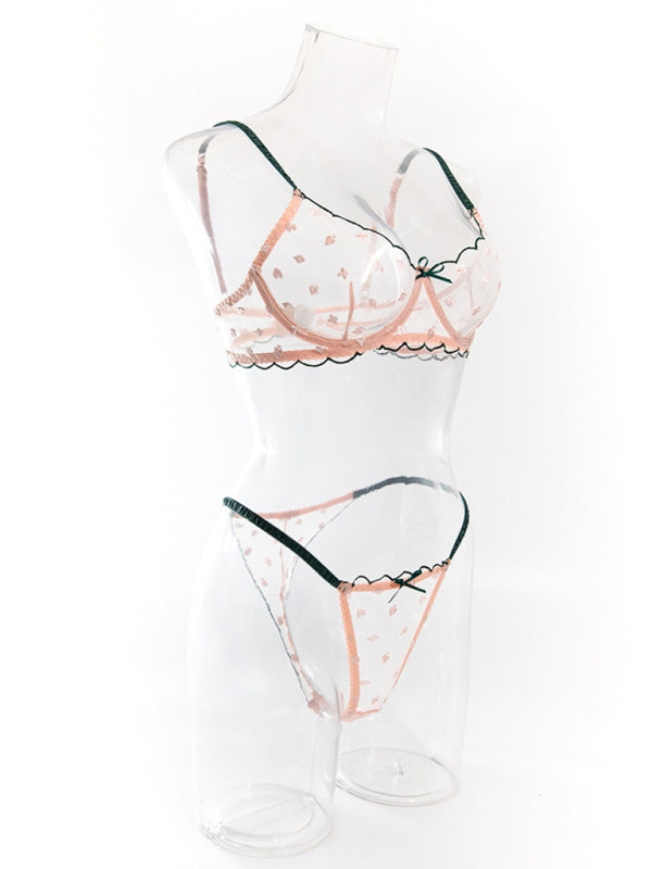 Sexy bra set with playing card pattern embroidery, transparent lace, underwire, gathered Underwear set