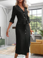 Solid color lapel waist tie slit shirt dress