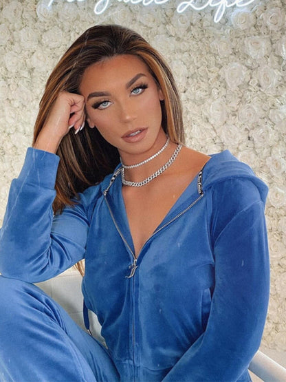 Women's casual solid color letter hot diamond sportswear long-sleeved hooded sweatshirt loose trousers two-piece suit - Hiccupzz