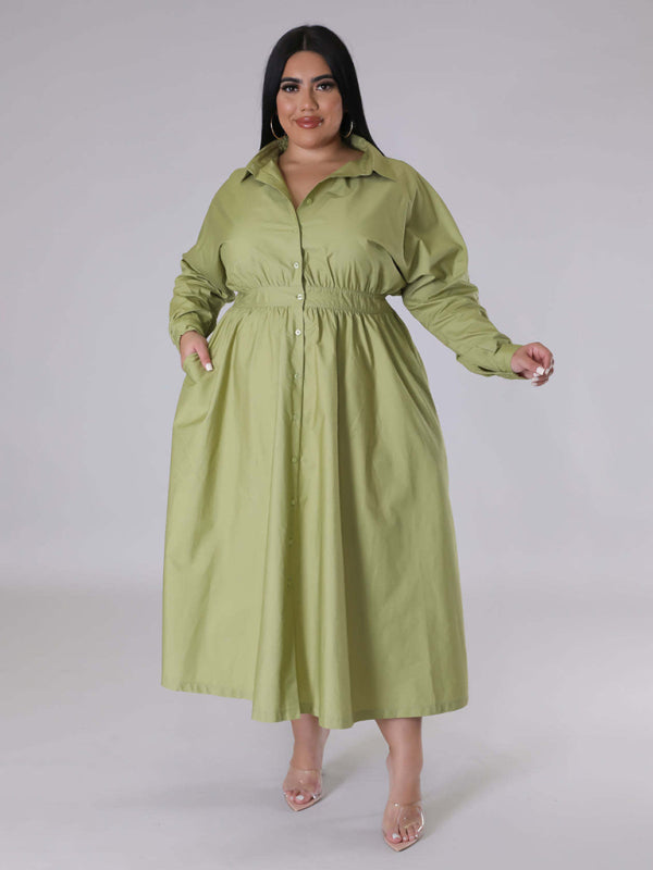 Plus Size Women's Solid Color Long Sleeve Shirt Dresses